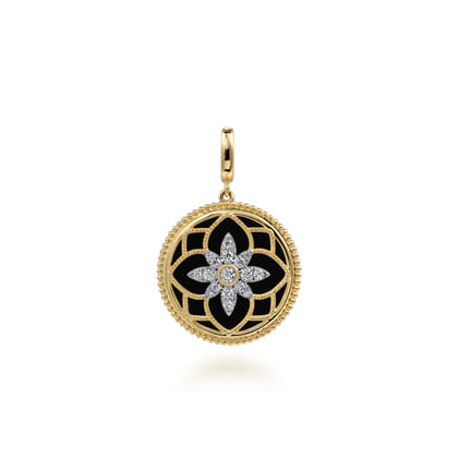 Floral - 14K Yellow Gold Bujukan Diamond and Black Onyx Medallion Pendant in size 24mm with Detachable Bail