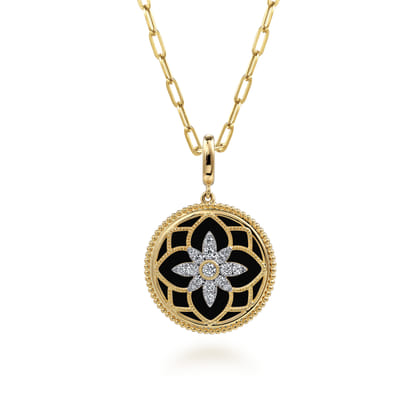 Floral - 14K Yellow Gold Bujukan Diamond and Black Onyx Medallion Pendant in size 24mm with Detachable Bail