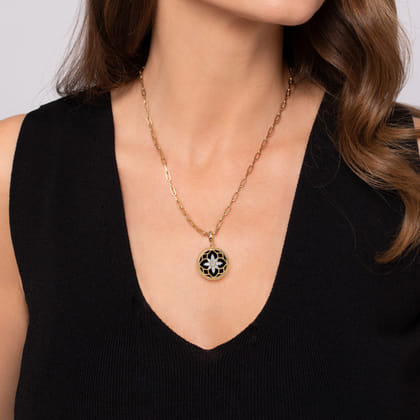 Floral - 14K Yellow Gold Bujukan Diamond and Black Onyx Medallion Pendant in size 24mm with Detachable Bail