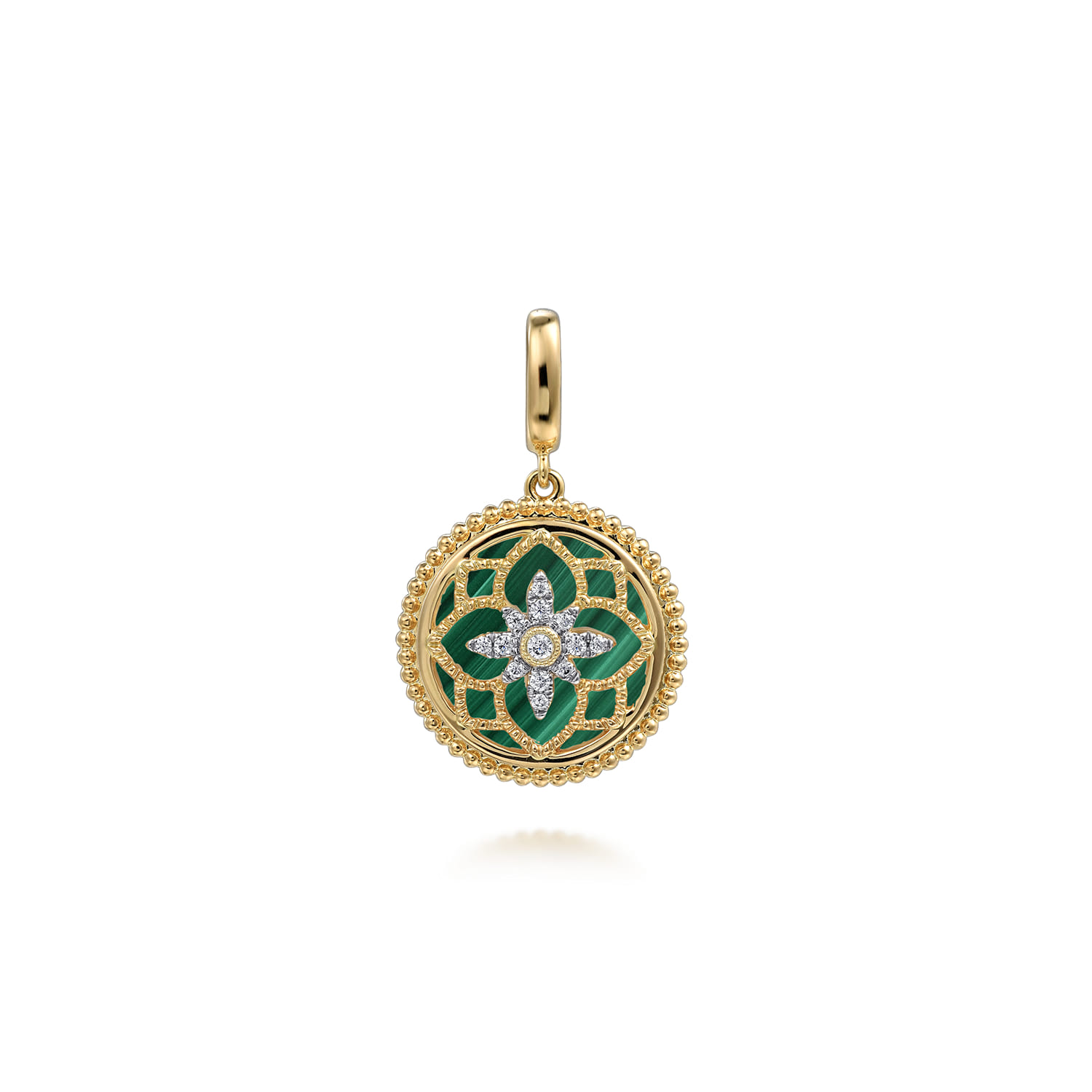 Floral - 14K Yellow Gold Bujukan Diamond and Malachite Medallion Pendant in size 18mm With Detachable Bail - 0.09 ct - Shot 1
