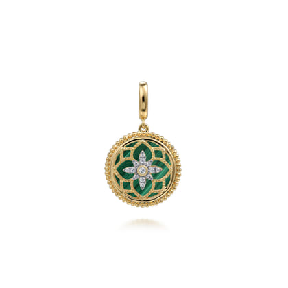 Floral - 14K Yellow Gold Bujukan Diamond and Malachite Medallion Pendant in size 18mm With Detachable Bail