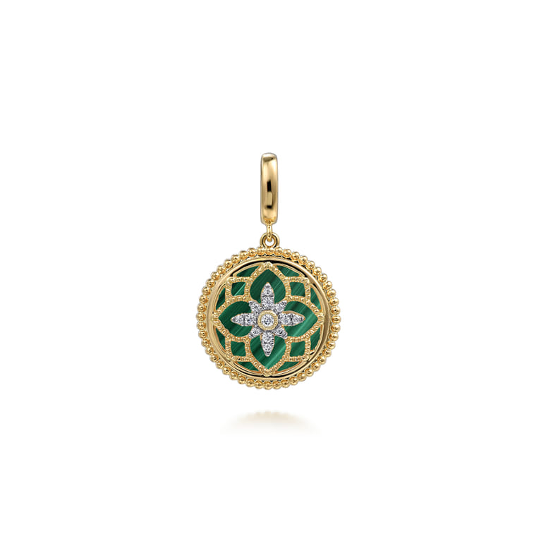 Floral - 14K Yellow Gold Bujukan Diamond and Malachite Medallion Pendant in size 18mm With Detachable Bail - 0.09 ct - Shot 1