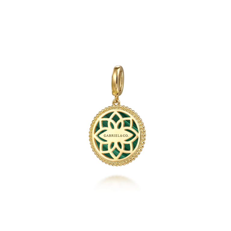 Floral - 14K Yellow Gold Bujukan Diamond and Malachite Medallion Pendant in size 18mm With Detachable Bail - 0.09 ct - Shot 2