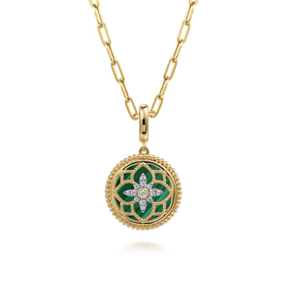 Floral - 14K Yellow Gold Bujukan Diamond and Malachite Medallion Pendant in size 18mm with Detachable Bail