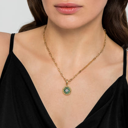 Floral - 14K Yellow Gold Bujukan Diamond and Malachite Medallion Pendant in size 18mm with Detachable Bail