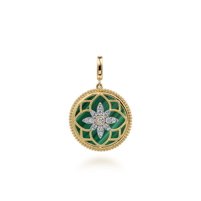 Floral - 14K Yellow Gold Bujukan Diamond and Malachite Medallion Pendant in size 24mm With Detachable Bail - 0.35 ct - Shot 1