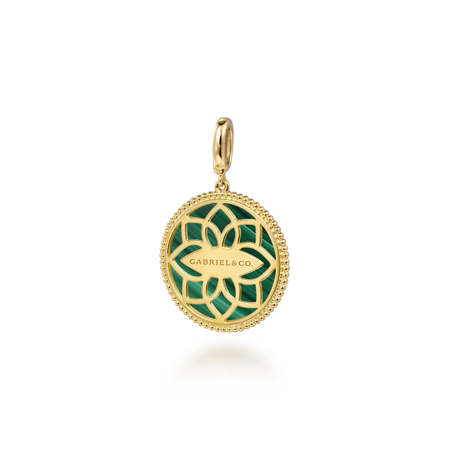 Floral - 14K Yellow Gold Bujukan Diamond and Malachite Medallion Pendant in size 24mm With Detachable Bail - 0.35 ct - Shot 2