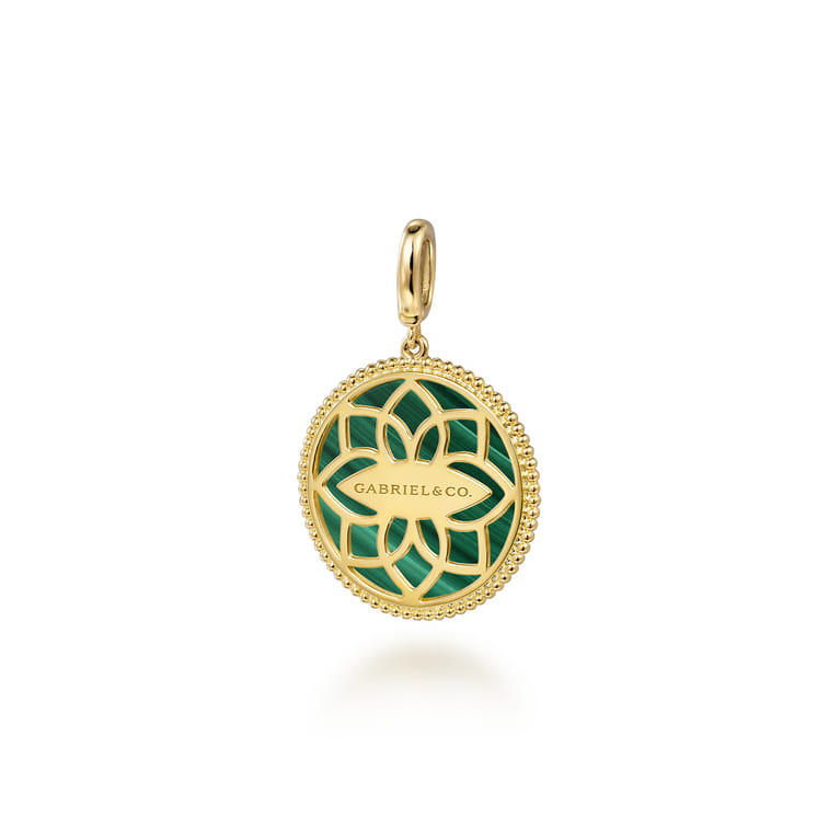 Floral - 14K Yellow Gold Bujukan Diamond and Malachite Medallion Pendant in size 24mm With Detachable Bail - 0.35 ct - Shot 2