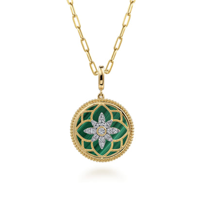 Floral - 14K Yellow Gold Bujukan Diamond and Malachite Medallion Pendant in size 24mm With Detachable Bail