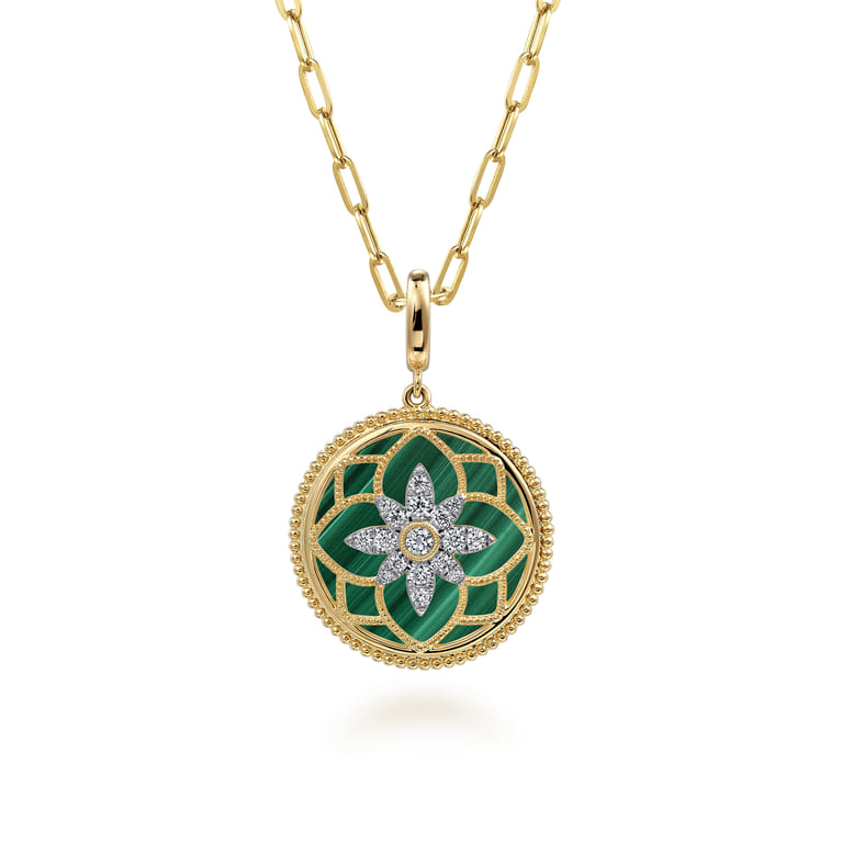 Floral - 14K Yellow Gold Bujukan Diamond and Malachite Medallion Pendant in size 24mm With Detachable Bail - 0.35 ct - Shot 3