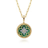 Floral - 14K Yellow Gold Bujukan Diamond and Malachite Medallion Pendant in size 24mm With Detachable Bail - 0.35 ct