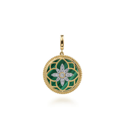 Floral - 14K Yellow Gold Bujukan Diamond and Malachite Medallion Pendant in size 24mm with Detachable Bail