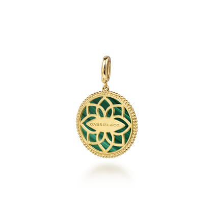 Floral - 14K Yellow Gold Bujukan Diamond and Malachite Medallion Pendant in size 24mm with Detachable Bail