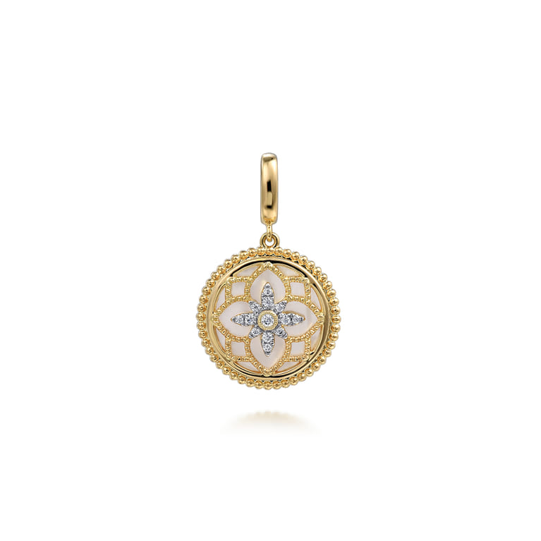 Floral - 14K Yellow Gold Bujukan Diamond and Mother of Pearl Medallion Pendant in size 18mm With Detachable Bail - 0.09 ct - Shot 1