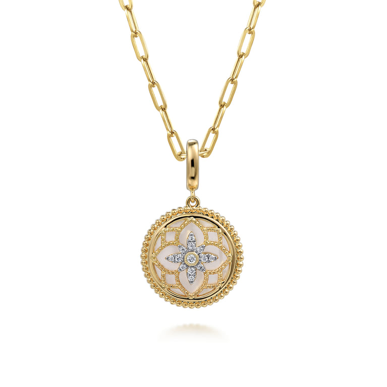 Floral - 14K Yellow Gold Bujukan Diamond and Mother of Pearl Medallion Pendant in size 18mm With Detachable Bail - 0.09 ct - Shot 3