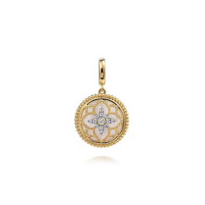 Floral - 14K Yellow Gold Bujukan Diamond and Mother of Pearl Medallion Pendant in size 18mm with Detachable Bail