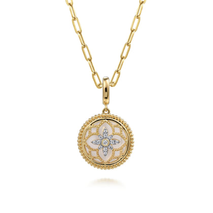 Floral - 14K Yellow Gold Bujukan Diamond and Mother of Pearl Medallion Pendant in size 18mm with Detachable Bail