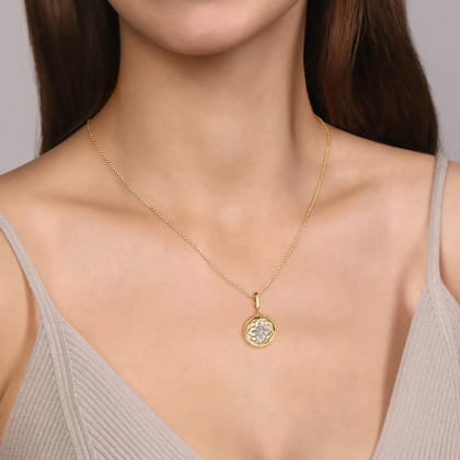 Floral - 14K Yellow Gold Bujukan Diamond and Mother of Pearl Medallion Pendant in size 18mm with Detachable Bail