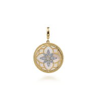 Floral - 14K Yellow Gold Bujukan Diamond and Mother of Pearl Medallion Pendant in size 24mm With Detachable Bail