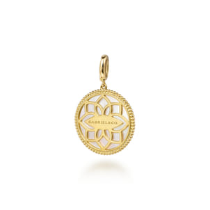 Floral - 14K Yellow Gold Bujukan Diamond and Mother of Pearl Medallion Pendant in size 24mm With Detachable Bail