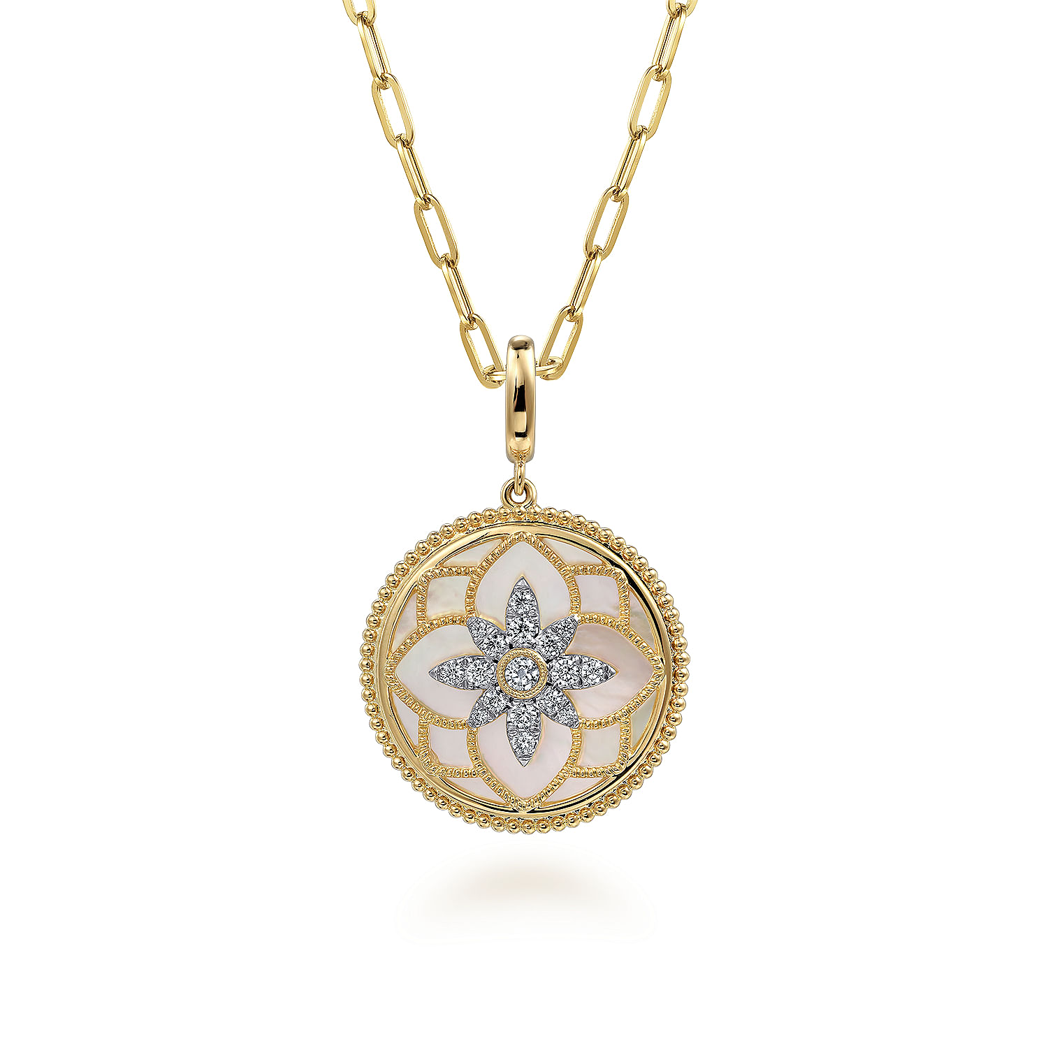 Floral - 14K Yellow Gold Bujukan Diamond and Mother of Pearl Medallion Pendant in size 24mm With Detachable Bail