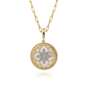 Floral - 14K Yellow Gold Bujukan Diamond and Mother of Pearl Medallion Pendant in size 24mm With Detachable Bail