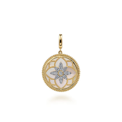 Floral - 14K Yellow Gold Bujukan Diamond and Mother of Pearl Medallion Pendant in size 24mm with Detachable Bail