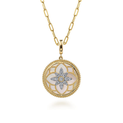 Floral - 14K Yellow Gold Bujukan Diamond and Mother of Pearl Medallion Pendant in size 24mm with Detachable Bail