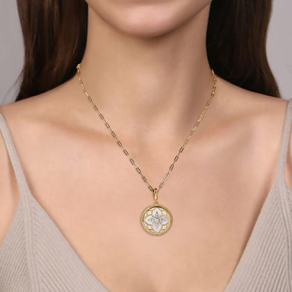 Floral - 14K Yellow Gold Bujukan Diamond and Mother of Pearl Medallion Pendant in size 24mm with Detachable Bail