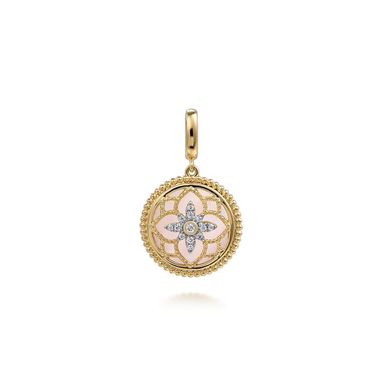 Floral - 14K Yellow Gold Bujukan Diamond and Pink Mother of Pearl Medallion Pendant in size 18mm With Detachable Bail - 0.09 ct - Shot 1