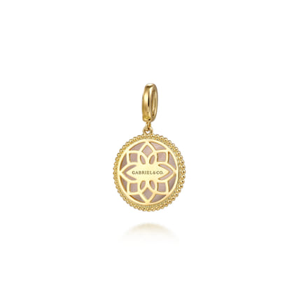 Floral - 14K Yellow Gold Bujukan Diamond and Pink Mother of Pearl Medallion Pendant in size 18mm with Detachable Bail