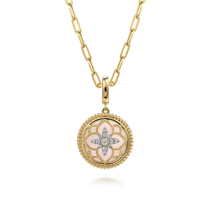 Floral - 14K Yellow Gold Bujukan Diamond and Pink Mother of Pearl Medallion Pendant in size 18mm with Detachable Bail