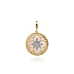 Floral - 14K Yellow Gold Bujukan Diamond and Pink Mother of Pearl Medallion Pendant in size 24mm With Detachable Bail