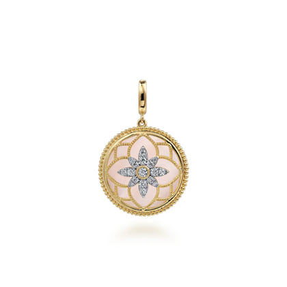 Floral - 14K Yellow Gold Bujukan Diamond and Pink Mother of Pearl Medallion Pendant in size 24mm With Detachable Bail