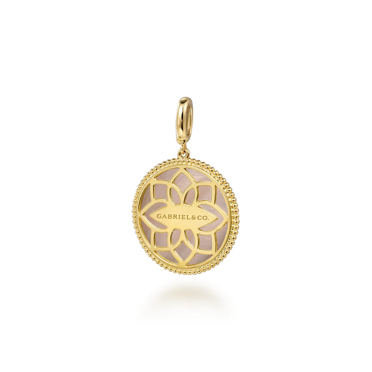 Floral - 14K Yellow Gold Bujukan Diamond and Pink Mother of Pearl Medallion Pendant in size 24mm With Detachable Bail - 0.35 ct - Shot 2