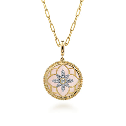 Floral - 14K Yellow Gold Bujukan Diamond and Pink Mother of Pearl Medallion Pendant in size 24mm With Detachable Bail