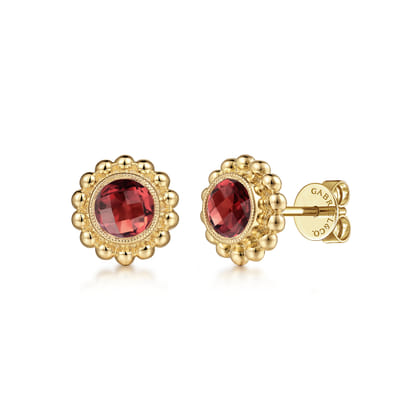 Floral - 14K Yellow Gold Diamond And Garnet Bujukan Stud Earrings