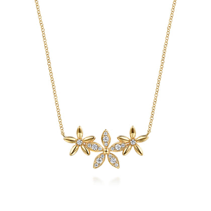 Floral - 14K Yellow Gold Diamond Floral Bar Necklace