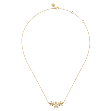 Floral - 14K Yellow Gold Diamond Floral Bar Necklace