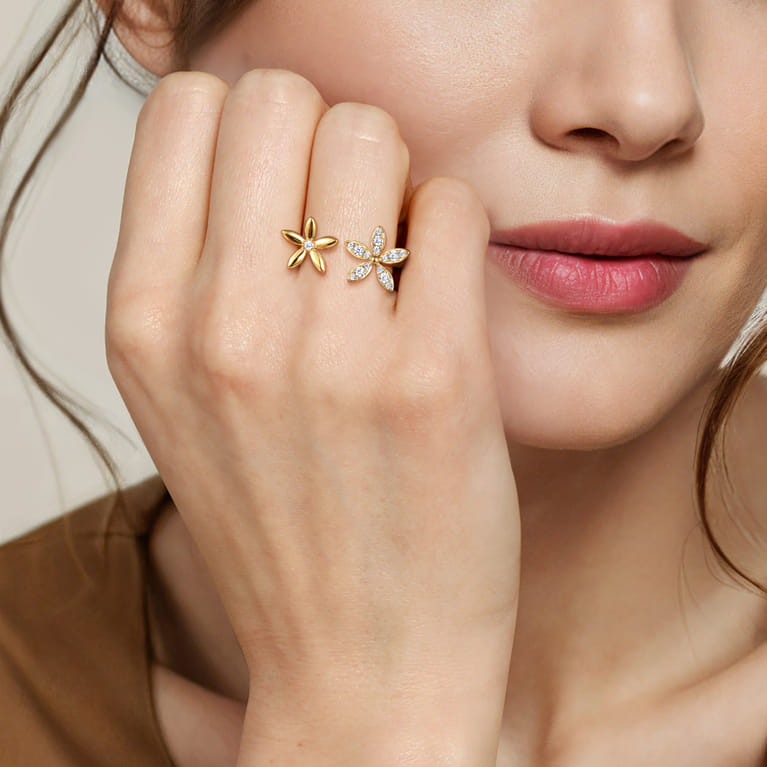 Floral - 14K Yellow Gold Diamond Floral Open Ring - 0.24 ct - Shot 5