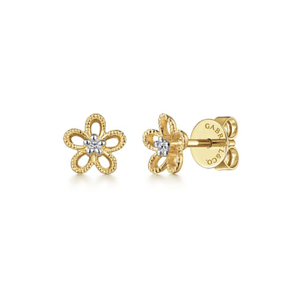 Floral - 14K Yellow Gold Diamond Floral Stud Earrings