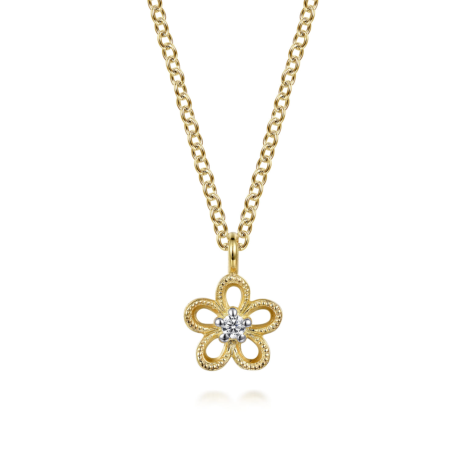 Floral - 14K Yellow Gold Diamond Flower Pendant Necklace - 0.02 ct - Shot 1