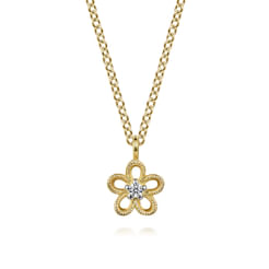 14K Yellow Gold Diamond Flower Pendant Necklace