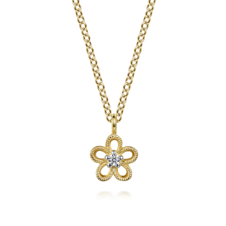 Floral - 14K Yellow Gold Diamond Flower Pendant Necklace - 0.02 ct - Shot 1