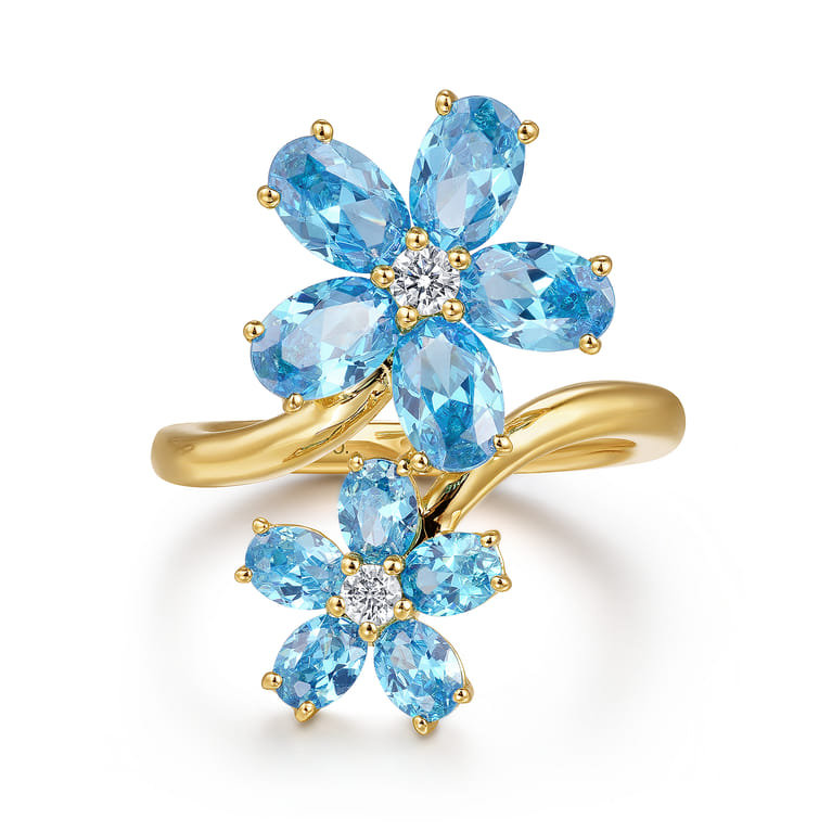 Floral - 14K Yellow Gold Diamond and Blue Topaz Bypass Flower Ring - 0.12 ct - Shot 1