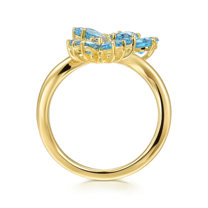 Floral - 14K Yellow Gold Diamond and Blue Topaz Bypass Flower Ring