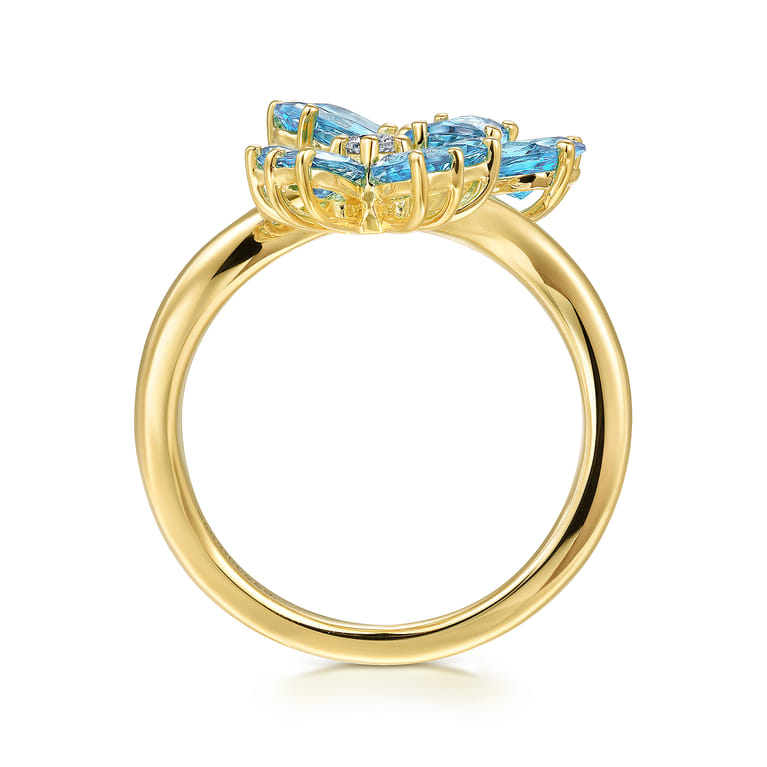 Floral - 14K Yellow Gold Diamond and Blue Topaz Bypass Flower Ring - 0.12 ct - Shot 2