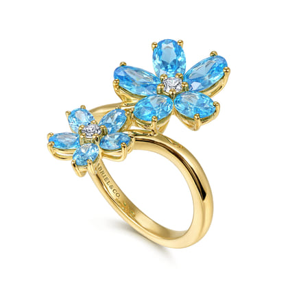 Floral - 14K Yellow Gold Diamond and Blue Topaz Bypass Flower Ring