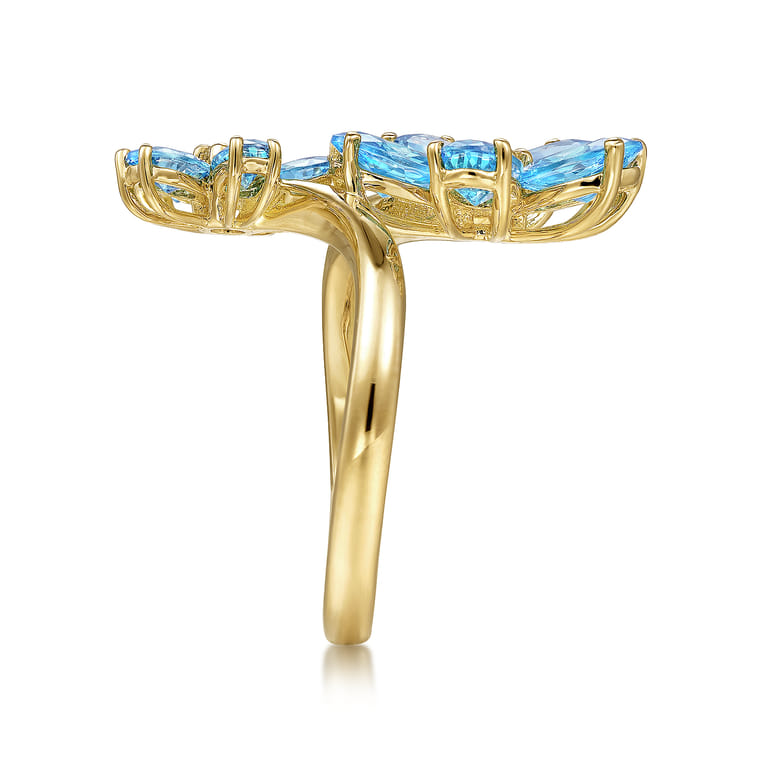 Floral - 14K Yellow Gold Diamond and Blue Topaz Bypass Flower Ring - 0.12 ct - Shot 4