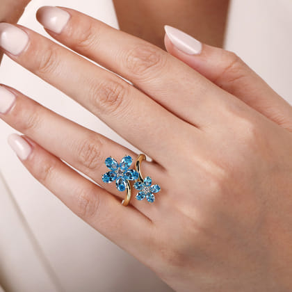 Floral - 14K Yellow Gold Diamond and Blue Topaz Bypass Flower Ring